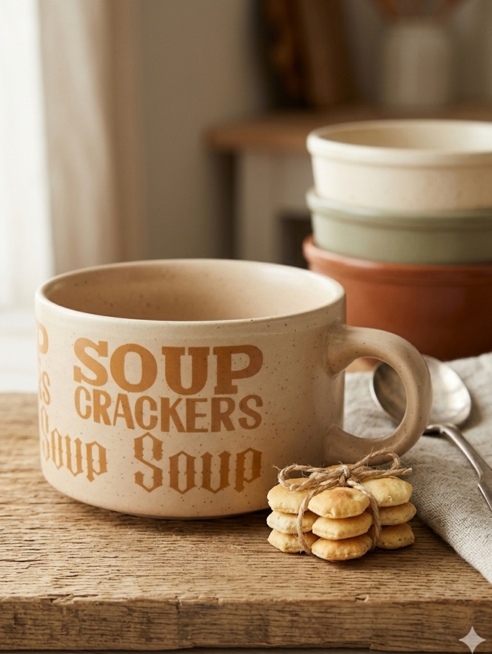 Unbranded Vintage Korea Speckled Stoneware Soup & Crackers Typography Mug 14 oz
